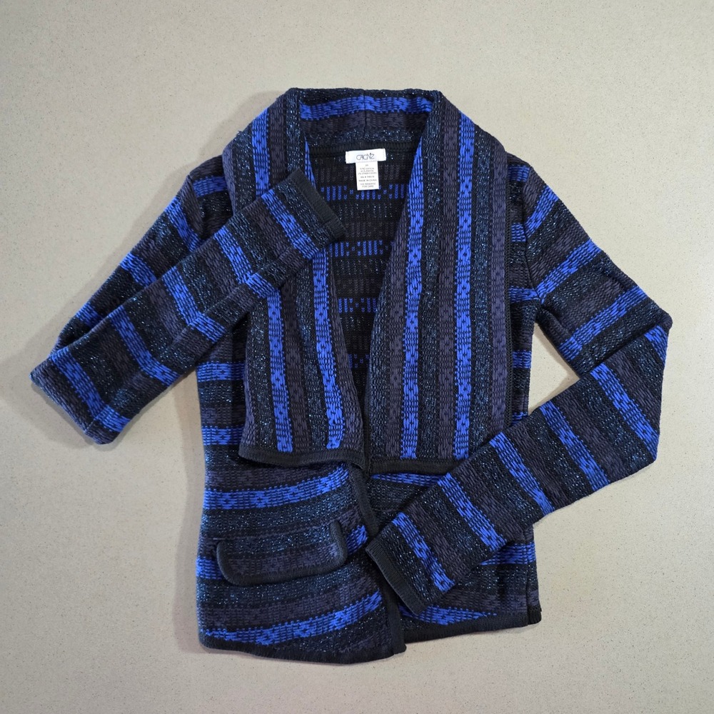 Cache Women XS Blue Black Metallic Striped Open Front Draped Shawl Cardigan